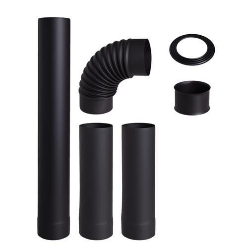 Hunor füstcső szett 6 részes 120mm fekete acél (egyenes, könyök, falhüvely, falirózsa)