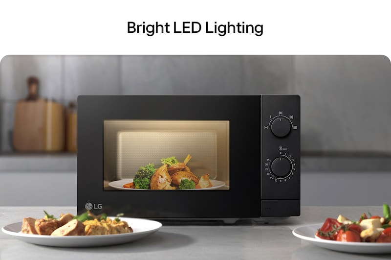 LG MS2082F szabadonálló fekete mikrohullámú sütő 20 literes űrtartalommal.